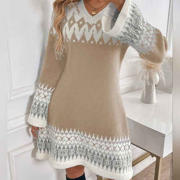 Clasi Retro Vibe V-Neck Contrast Color Jacquard Knitted Dress For Women  Dresses